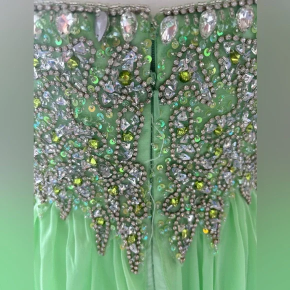 Sherri Hill Formal Prom Dress Sequin Beaded Chiffon Green Strapless Size 14 - Picture 7 of 10